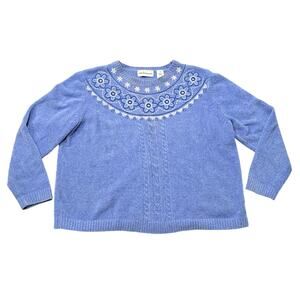 Alfred Dunner Blue Floral Crew Neck Formal Sweater